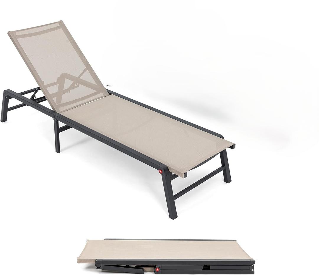 One Chaise Lounge Outdoor, Aluminum Outdoor Chaise Lounge Assemble-Free, Patio Lounger Poolside Lay Flat Sunbathing Adjustable Backrest Pool One Lounge Chair