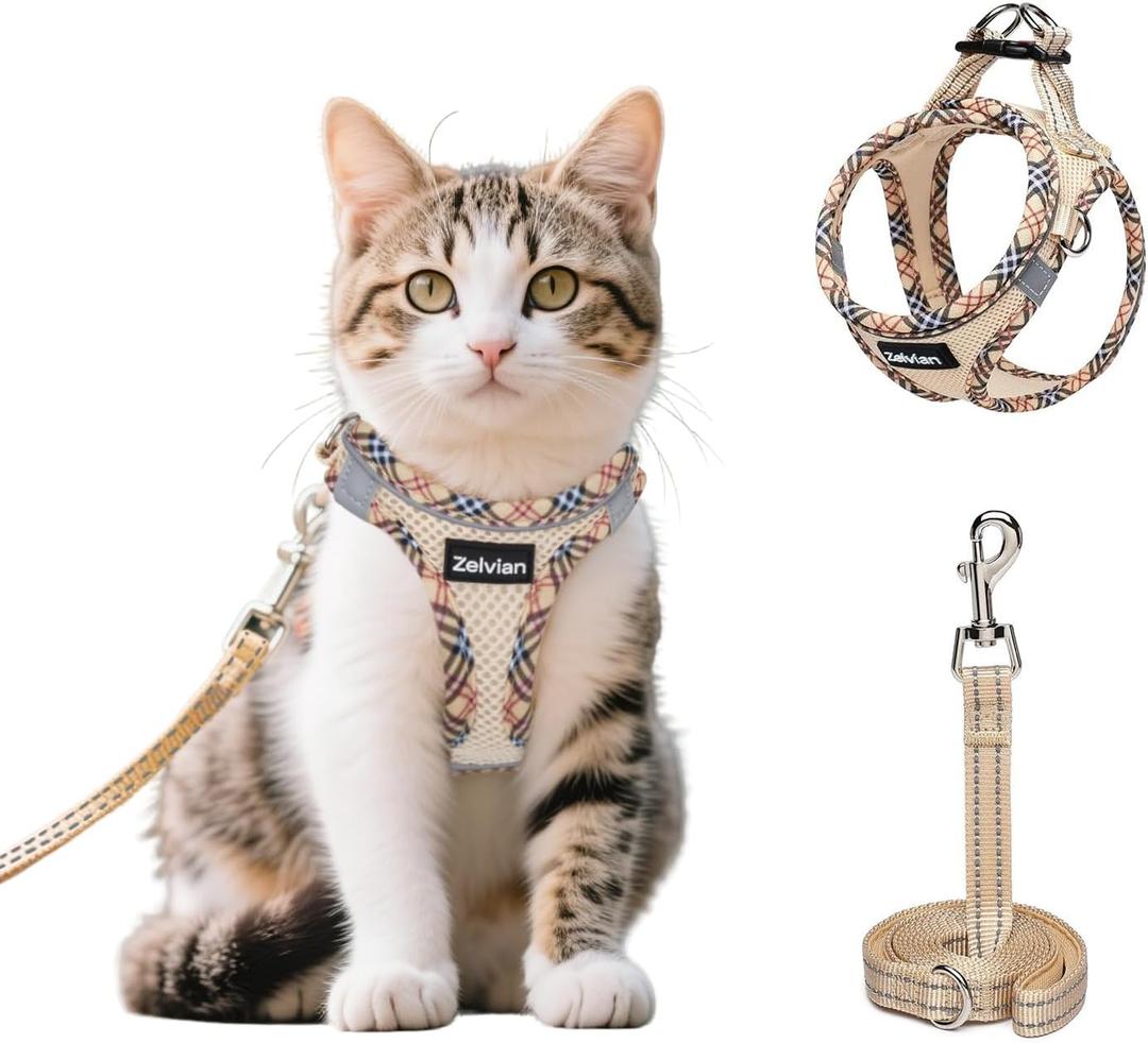 Cat Harness and Leash Set for Walking, Escape Proof Adjustable Soft Mesh Kitten Harness with Reflective Strips, Breathable No-Choke Pet Vest for Small Cats or Puppies(Beige,S)