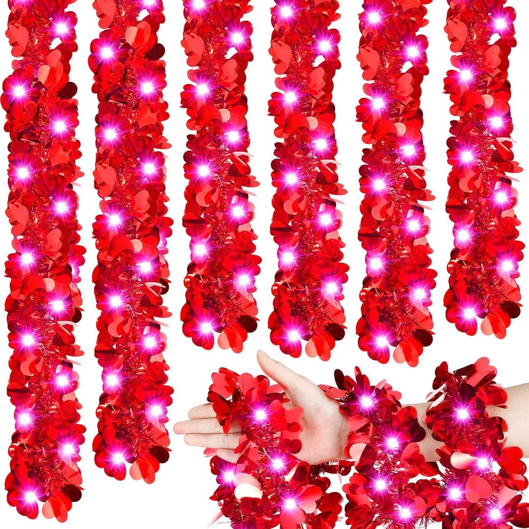 Chuangdi Chuangdi 16.4 Feet Valentine's Day Tinsel Garland with Lights 50 LEDs Metallic Tinsel Twist Garland Hanging Shiny Lights for Valentine Tree Wreath Wedding Home Party Decorations(Romantic Red)