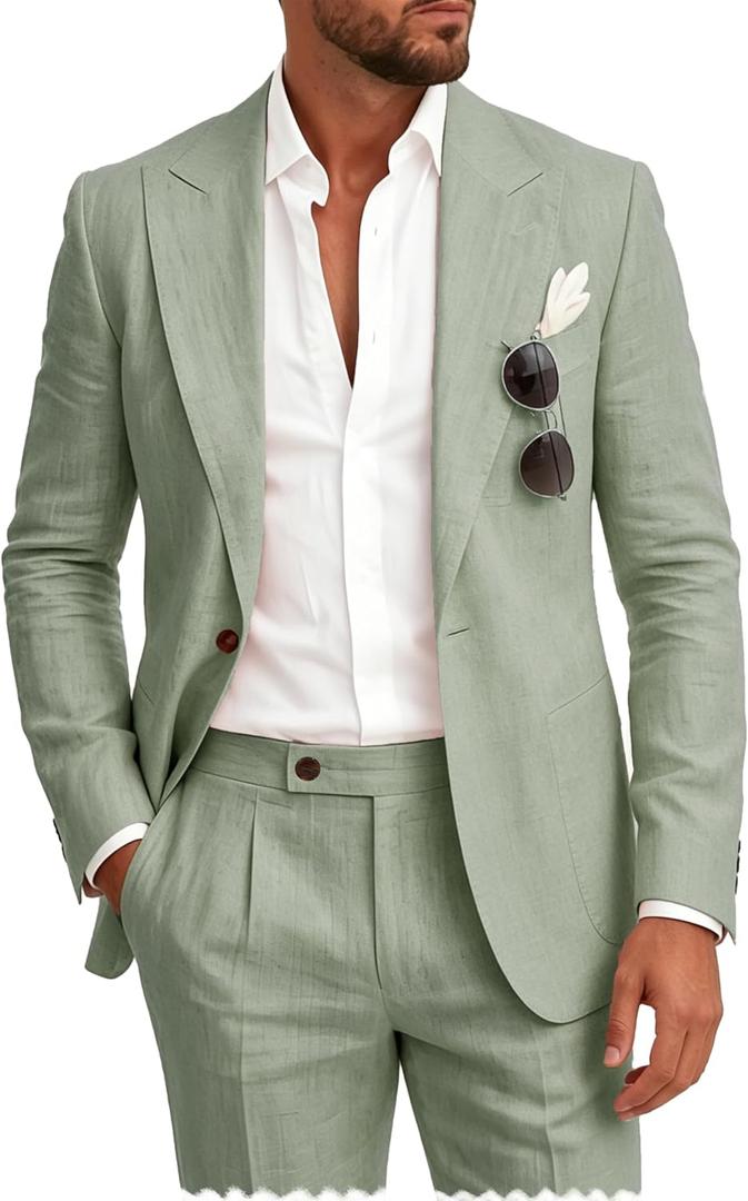 Mens Linen Suit 2pcs Summer Lightweight Suits Casual Linen Blazer Pants Set Slim Fit Suits for Beach Wedding Tuxedo L