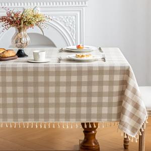 Checkered Tablecloth Rectangle Cotton Linen Gingham Table Cloth with Tassel Washable Wrinkle Free Heavy Duty Buffalo Plaid Table Cover for Dining/Party/Picnic (Beige, 55" x 55" (Square))