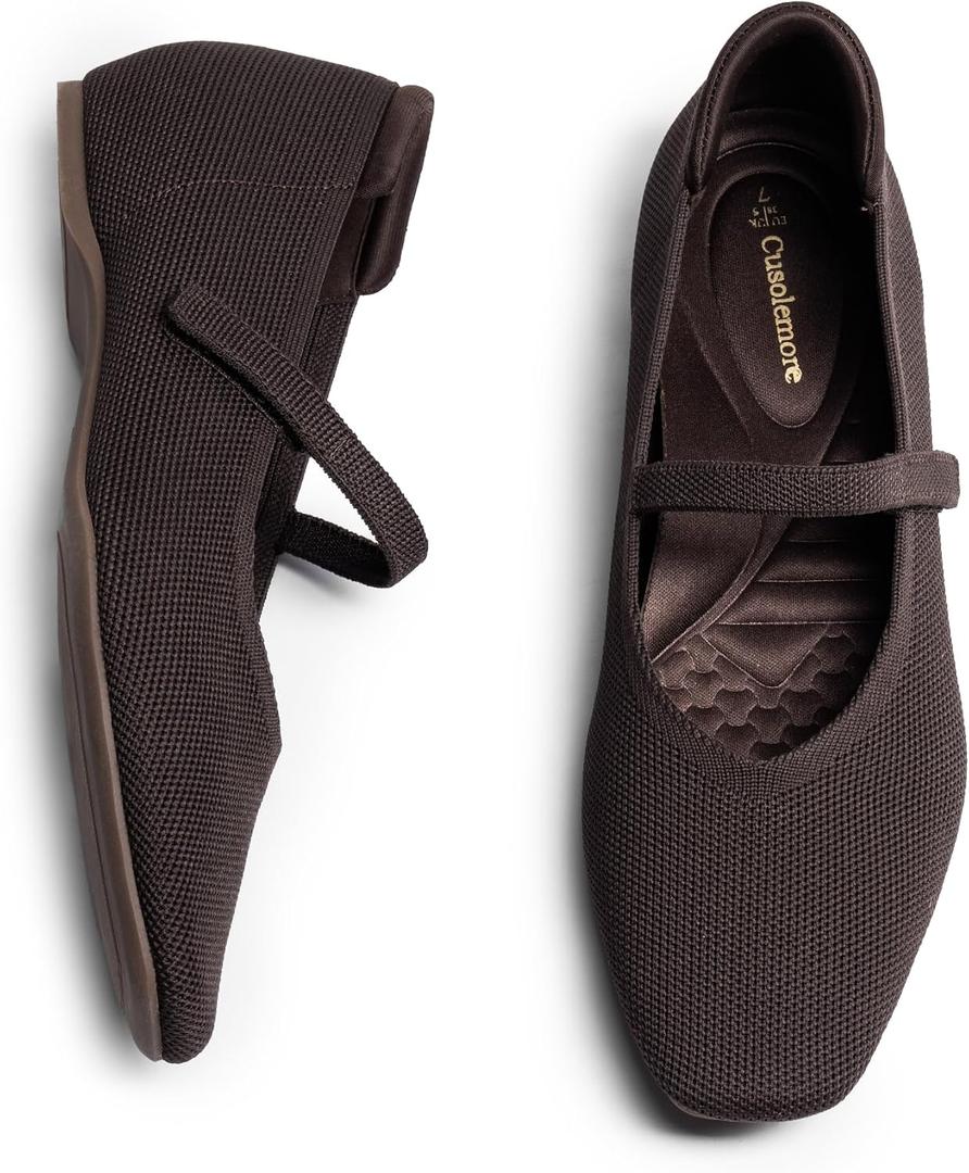 Cusolemore Mary Jane Flat Shoes for Women with Arch Support and Concealed Low Wedge Heel, Comfortable Women Square Toe Ballet Flats Knit Dress Shoes 7