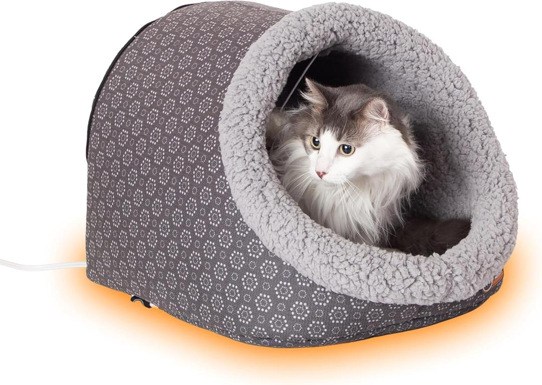 K&H Pet Products Heated Cat Bed - Thermo-Pet Cave for Large Cats, Indoor Heated Pet Bed for Dogs & Cats, Covered Cave Pet Tent, Collapsible, Machine Washable, Safety Listed - 17 X 15 X 13in (Gray/Geo Flower)
