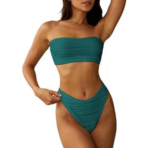 ZAFUL Women Strapless Textured Bandeau Bikini 2 Piece Swimwear Cheeky Solid Lace up Bathing Suits (Small, 1-malachite Green)