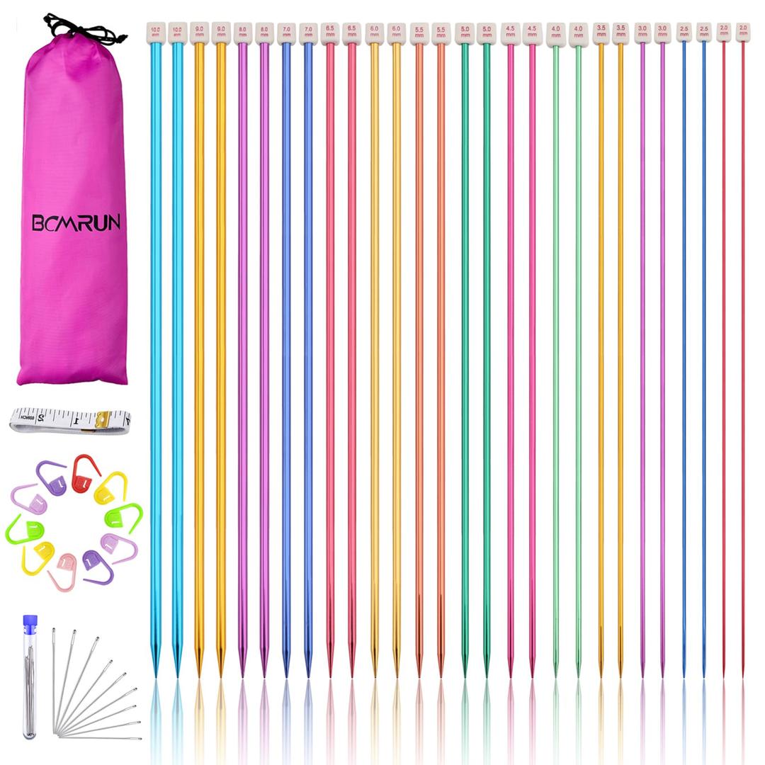 BCMRUN 6 Pairs Stainless Steel Knitting Needles Set, Colored Straight Single Pointed Metal Knitting Needles, 14 Size from 2.0mm-10.0mm, 9.8 Inches Length for Handmade DIY Knitting (25cm)