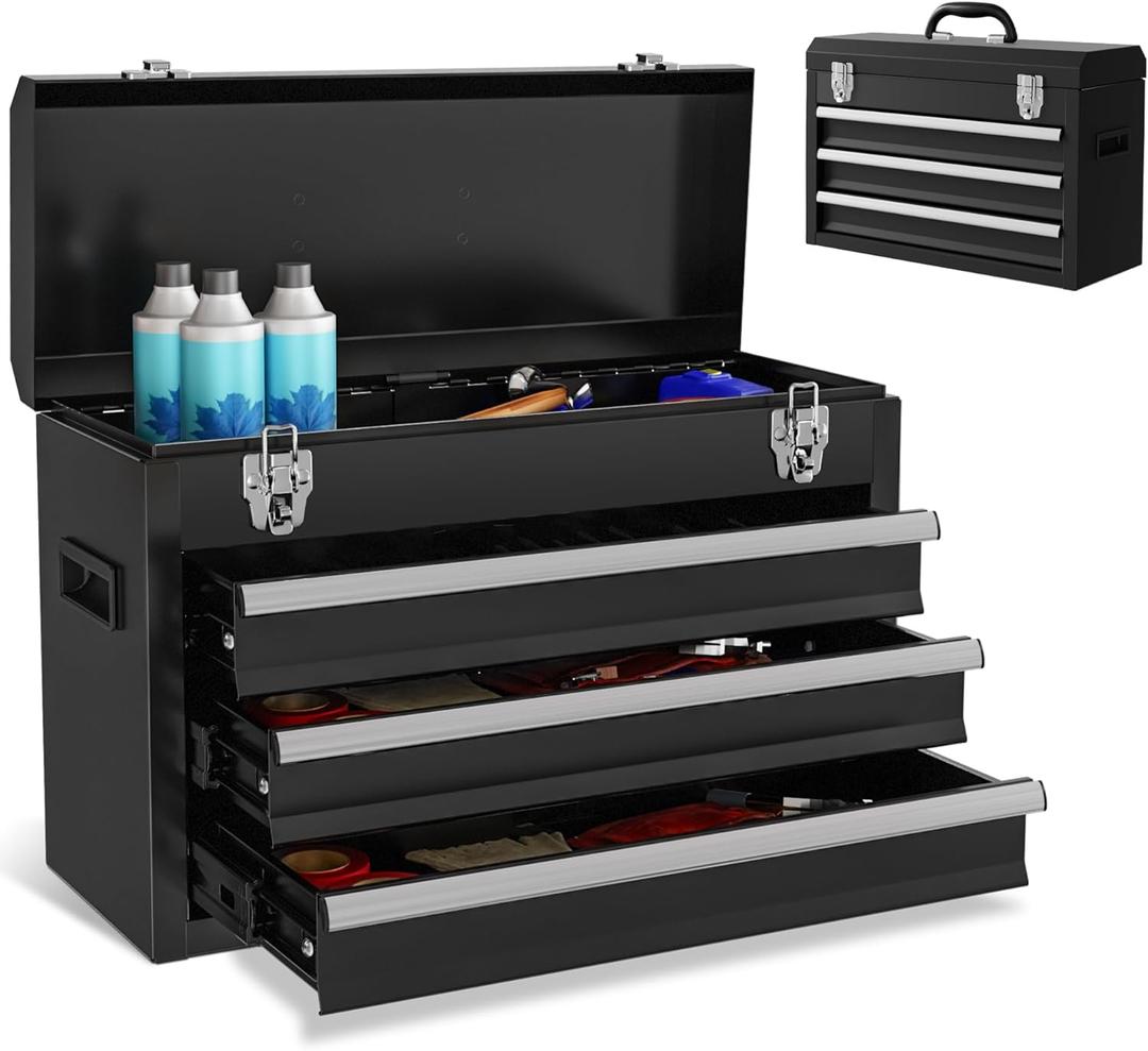 Portable Metal Tool Box, 3 Drawers Lockable Heavy Duty Tool Chest Storage Toolbox with Ball-Bearing Slides and 2 Metal Latches Closure for Garage, Workshop, Repair Shop (Black)