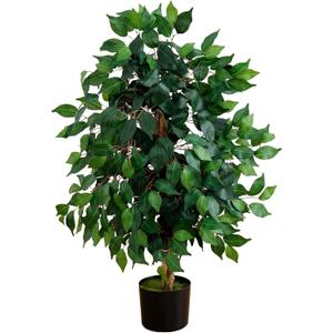 Nearly Natural 3ft Triple Trunk Artificial Ficus Tree with Natural Wood Trunks, Fake Tree for Indoor Home Decor, Faux Ficus Tree with Black Nursery Pot