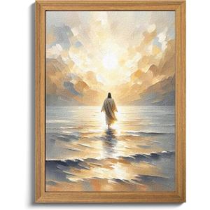 Framed 3D Textured Jesus Walking on Water Wall Art, Christian Bible Stories Wall Decor Paintings, Jesus Walks on Water on Water Back Posters Prints Pictures for Church Living Room Bedroom 16x24 Inch