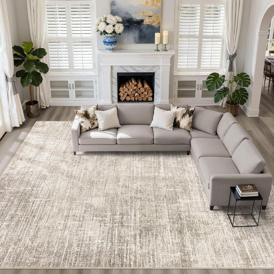 10x12 Area Rug Living Room: Washable Large Neutral Brown Rugs Abstract Soft Modern Stain Resistant Indoor Floor Non-Slip Carpet for Bedroom Nursery Kids Office Playroom Dining Room Under Table Home