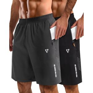 2 Pack Mens Athletic Shorts Quick Dry 7 Inch Running Shorts Breathable Mesh Gym Workout Shorts with Zipper Pockets (Large, Black&dark Gray)