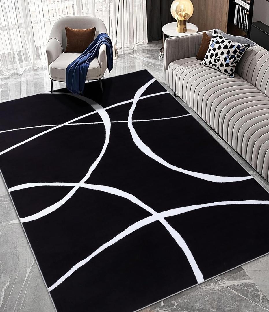 YIHOUSE Modern Washable Area Rug for Living Room Bedroom - Large Abstract Black and White Rug Non-Slip Ultra-Thin Home Decor (Dark Curve, 5'x7'ft)