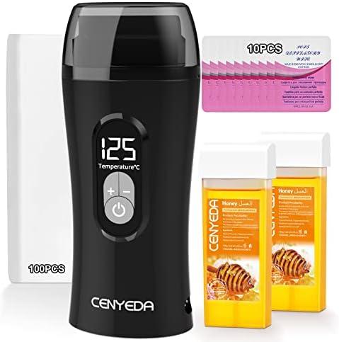 Cenyeda, Digital Honey Wax Kit for Women's Hair Removal - Roll On Warmer with 2 Cartridges and 100 Wax Strips