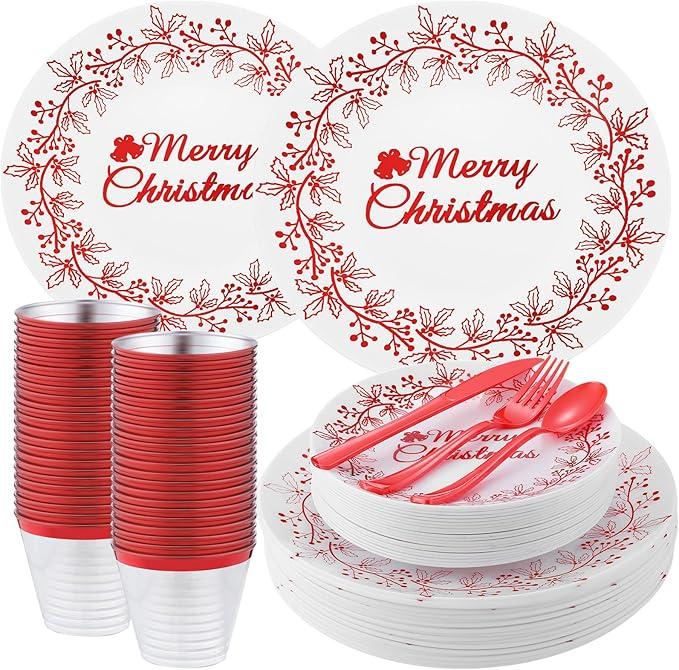 Shellwei 210 Pcs Christmas Dinnerware Sets, Christmas Disposable Plates Includes 30 Dinner Plates 30 Cups 30 Dessert Plate 30 Papers Napkins 30 Forks Knives Spoons for Xmas Party Supplies