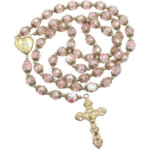 Nazareth Store Catholic Pink Crystal Beads Gold Rosary Flowers Beaded Necklace Holy Mary Heart Locket Medal & Cross Religious Amulet for Women