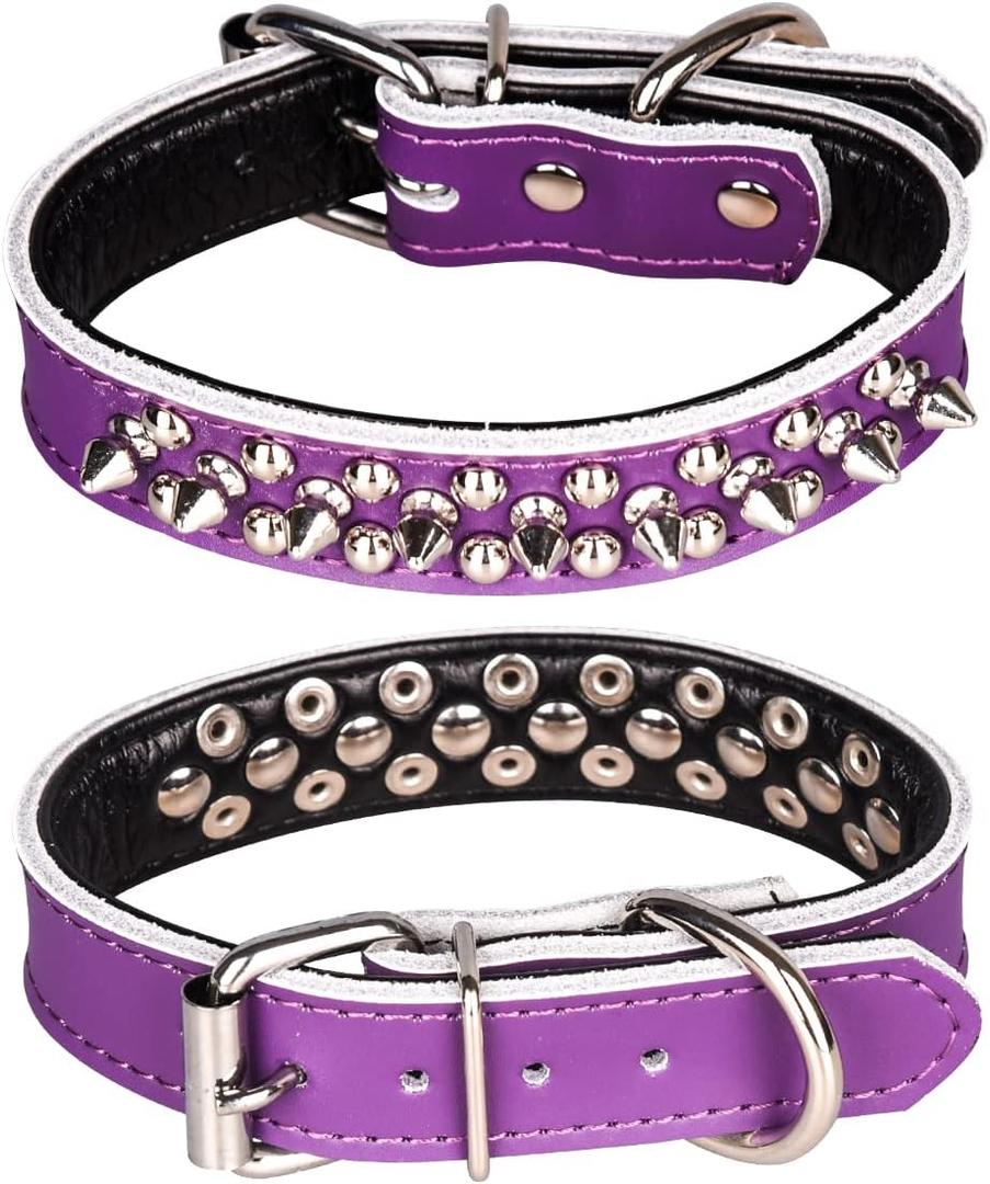 Spiked Studded Dog Collar, Genuine Leather Dog Collar, Adjustable Pet Collars for Small or Medium Pet (L, Purple-2) Spiked Studded Dog Collar, Genuine Leather Dog Collar, Adjustable Pet Collars for Small or Medium Pet (L, Purple-2)