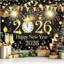 Black Gold Happy New Year 2026 Backdrop Banner 8x6ft Fireworks Clock Champagne Banner Golden Party Decoration Photography Background for Indoor Outdoor Celebration