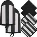 6 Pcs Oven Mitts and Pot Holders Sets with Towels, Stripe Kitchen Oven Glove High Heat Resistant 500 F Mitt Set Cotton Terry Outdoor Indoor Garden Baking Cooking BBQ Gift (Black)