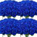 Wondrus Bulk Artificial Flowers 100 PCS, Fake Velvet Silk Blue Roses with Long Stems Realistic Bouquet for Wedding Centerpieces, Faux Arrangement for Home Table Decor