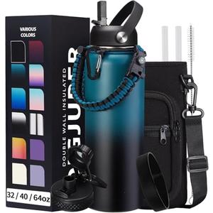 DIGJUPER Vacuum Insulated Water Bottle 40oz - with Straw & Spout Lids, Paracord Handle, Shoulder Carrier Bag, Sport Stainless Steel,Double-Wall Metal Water Bottle Thermo Hydro Mug Flask Red