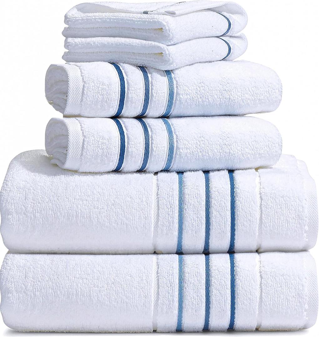 Bath Towels Set for Bathroom Luxury 6-Piece Cotton Towels, Soft Absorbent & Quick Dry, 600 GSM Bath Towels for Bathroom, Hotel Spa Quality (2 Bath, 2 Hand, 2 Washcloths, White Blue Azure Stripe)