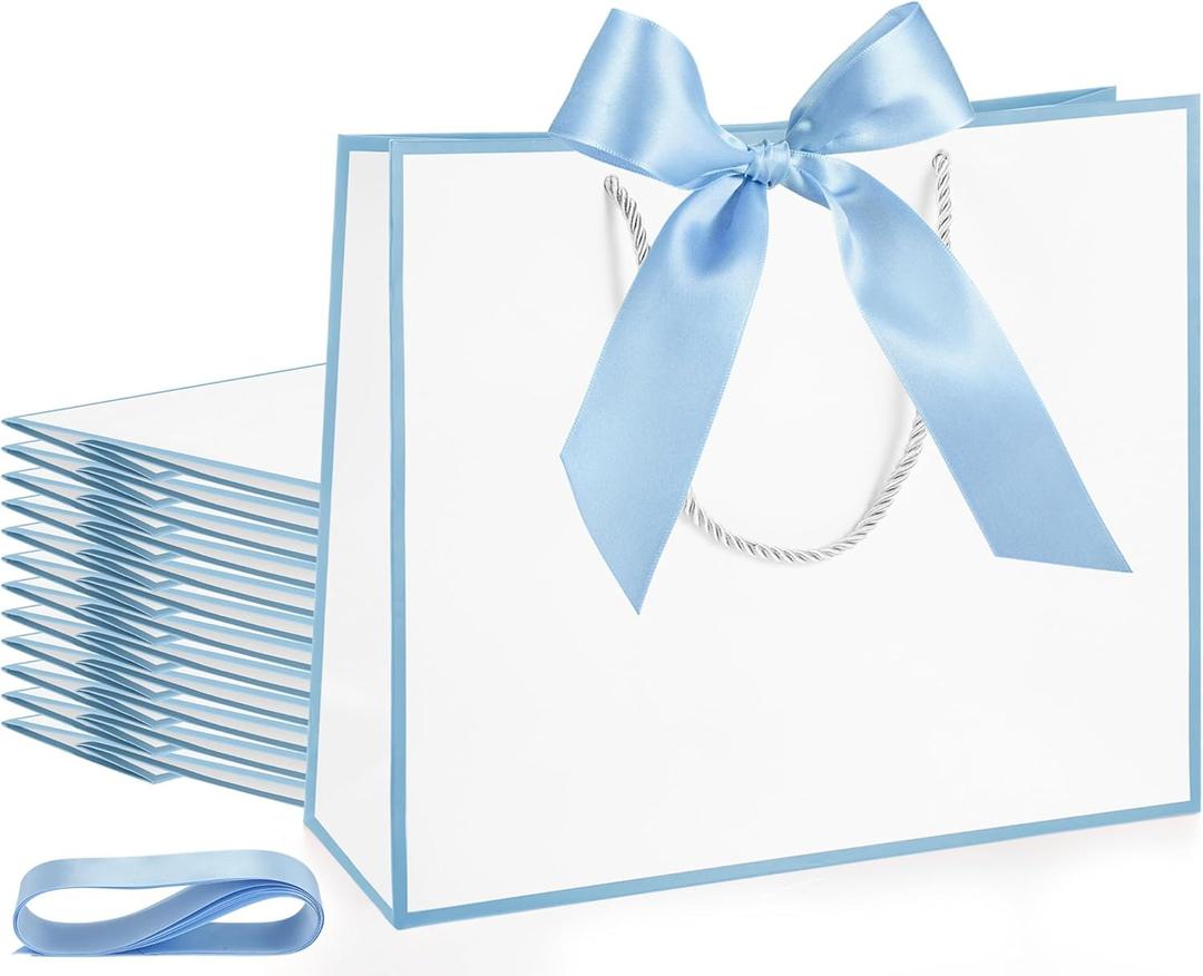 Silkfly 12 Pcs Thank You Gift Bags with Handle 12x10x4'' Welcome Elegant Gifts Bag with Bow Ribbon for Mother's Day Wedding Graduation Bridesmaid Baby Shower Birthday Housewarming (White,Light Blue)