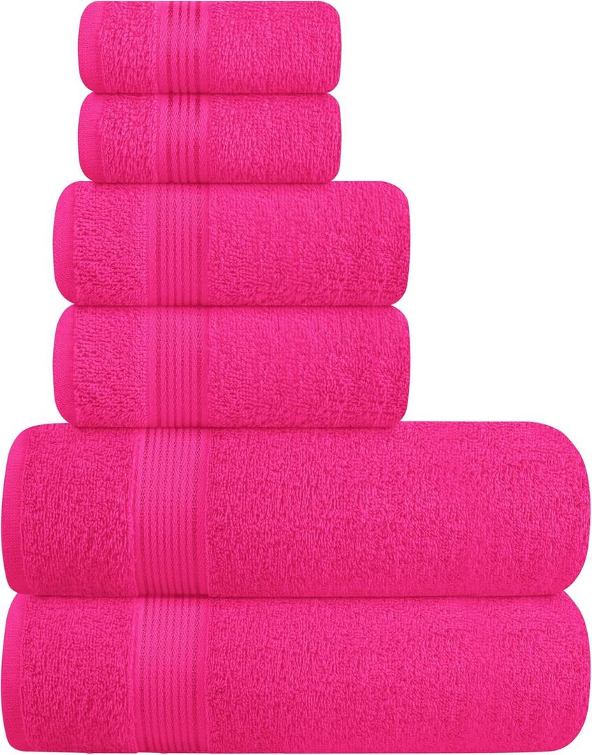 Elvana Home Ultra Soft 6 Pack Cotton Towel Set, Contains 2 Bath Towels 28x55 inch, 2 Hand Towels 16x24 inch & 2 Wash Coths 12x12 inch, Ideal Everyday use, Compact & Lightweight - Hot Pink