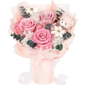 Preserved Flowers Bouquet with Bear, 3 Real Forever Flowers for Delivery, Long-Lasting Pink Eteranl Roses Bouquet, Anniversary Birthday Valentine Gifts for Women Mom Grandma Her Wife Girlfriend