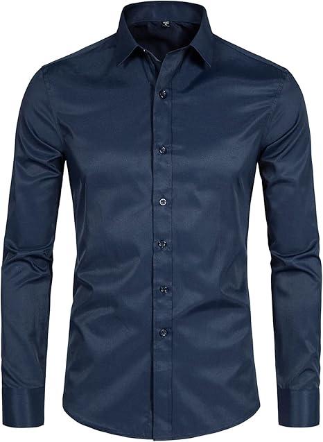 DELCARINO Men's Long Sleeve Button Up Shirts Solid Slim Fit Casual Business Formal Dress Shirt 3XL