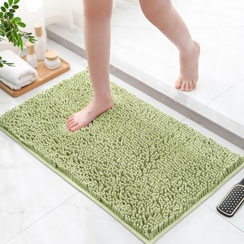 Sage Green Bathroom Rugs - Soft Chenille Non Slip, Thick Washable Plush Bath Mats, Modern Absorbent Shower Floor Mat, 17" x 24"
