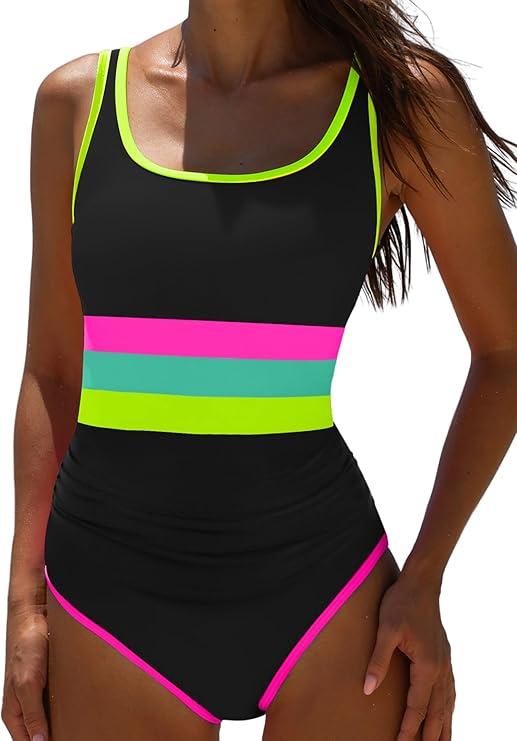 popvil One Piece Swimsuit Tummy Control Womens Bathing Suits Modest Curvy Neon Sexy Sport Swimwear, Large