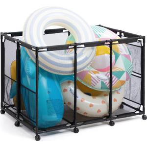 ALIMORDEN Extra Large Pool Storage Bin, Rolling Mesh Basket Organizer, Metal Frame Container Holder for Swimming Balls, Floats, Toys and Beach Towels, Black