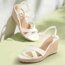 Ankis Wedge Sandals for Women, Espadrille Womens Wedge Sandals Comfortable Open Toe Cross Band Ankle Strap High Heel Wedges for Women Dressy Summer -3.4Inch, Size 7 (Beige)
