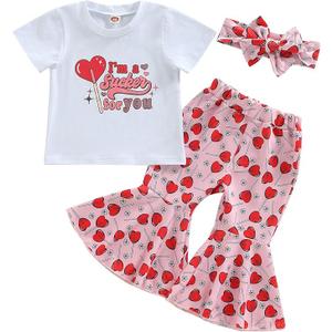 wybzd Baby Girl Valentines Day Outfit Heart Candy Tee Shirt Top Bell-Bottom Pants Sets Cute Toddler Clothes Heart Candy 2-3T