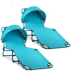 Colorsoul 2 Pack Tanning Chair with Sun Canopy,Adjustable 4-Position Beach Lounge Chair for Adults,Heavy Duty Folding Outdoor Lounge Chair,for Patio Poolside Sunbathing,UPF 50+,300 LBS,Blue, 79 inches x 22 inches x 10.26 inches