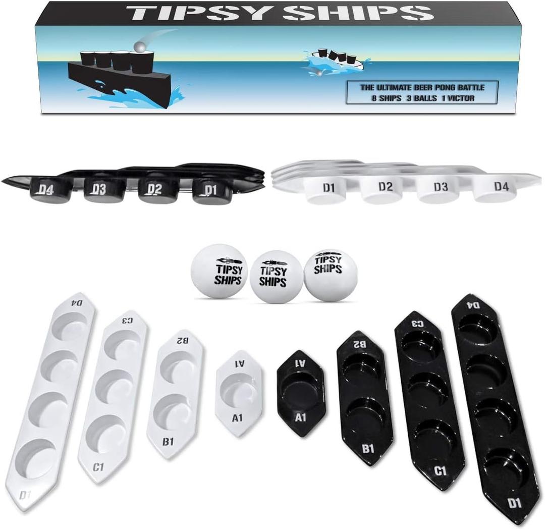 Tipsy Ships Beer Pong Set V2 - The Ultimate Battle Pong Party Game - 8 Ship Trays, 3 Ping Pong Balls Included. Fits Any Standard Plastic Cup, Battle on Any Table!