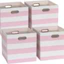 11x11 Cube Storage Bins, Collapsible Fabric Storage Cubes, Cubby Storage Organizer Bins Striped Container Baskets for Organizing Home Office Wardrobe Closet Shelf, Pack of 4, Pink/White