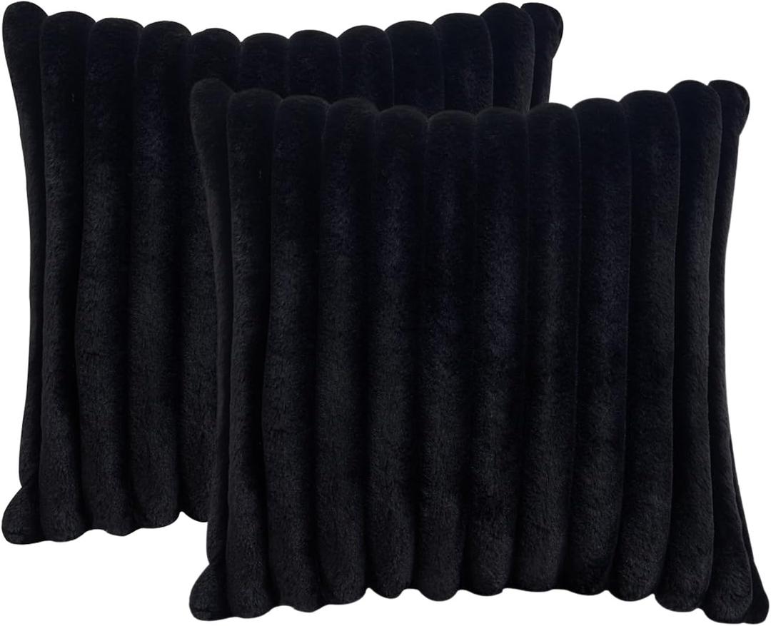 GriNeed Throw Pillow Covers Decorative Faux Fur Set of 2 20x20 Inch Pillow Covers, Soft Black Striped Pillowcases for Couch Sofa Bed Living Room, Fluffy Cute Home Boho Accent Fuzzy Decor