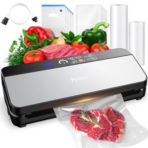 Vacuum Sealer Machine, Food Sealer Machine 80KPA Automatic 8-IN-1 for Food Saving Dry/Moist Mode with Build-in Cutter&Storage, Digital Countdown, Air Suction Hose, 2 Roll-Bags, 11 Vacuum Bags