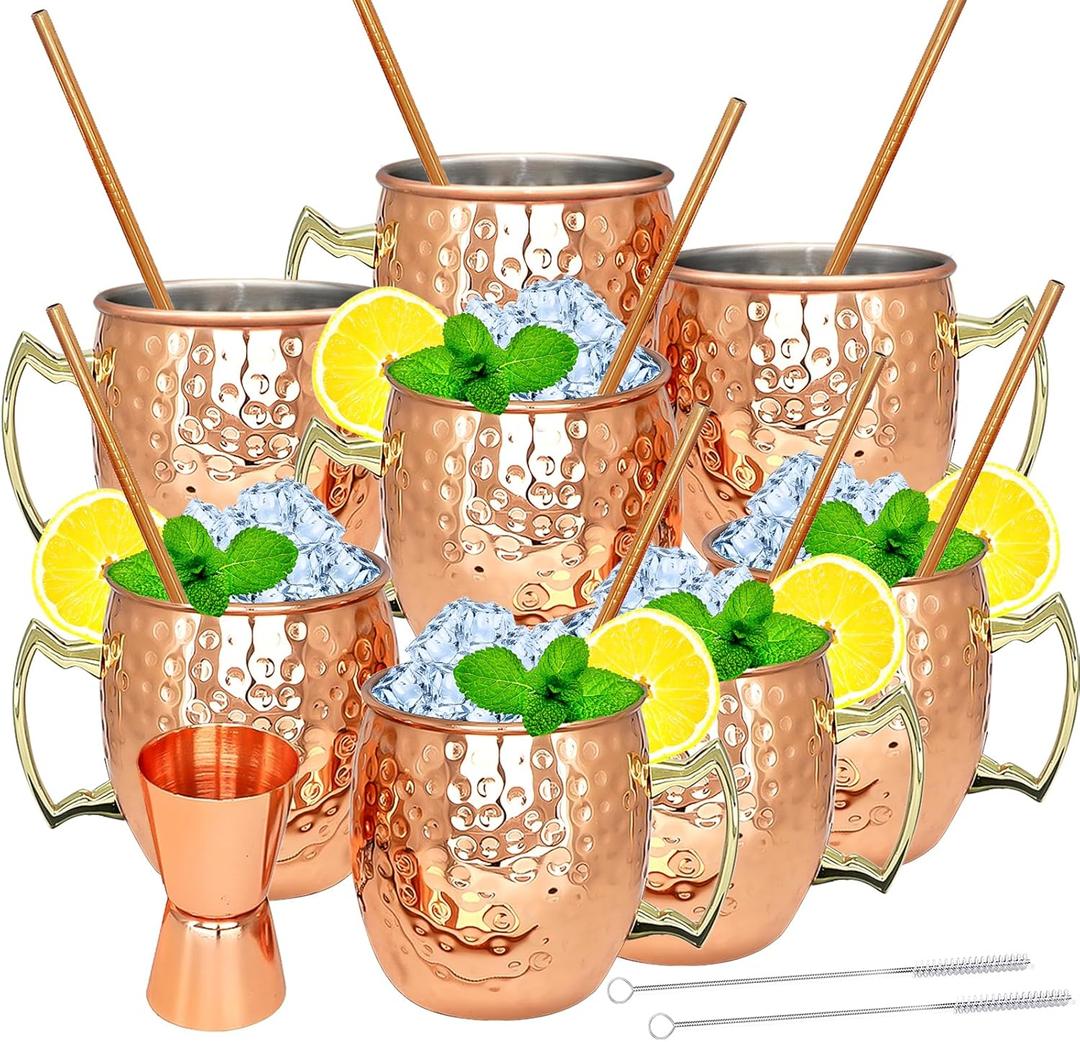 Moscow Mule Copper Mugs- Set of 8 Copper Plated Stainless Steel Mug 18oz, for Chilled Drinks (8 pcs)