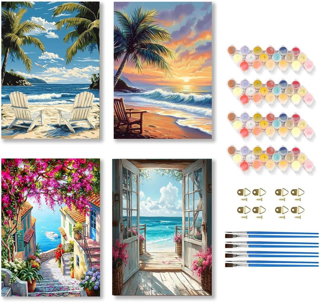 YULIDECO Paint by Numbers for Adults Beginners,Paint by Numbers Seaside 4-Piece SetDIY Beach Acrylic Painting on Canvas for Home Wall Art Decor 12x16Inch