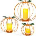 Halloween Light Up Pumpkin Lantern, 3 Pcs Metal Orange Pumpkin Candle Holders with Timer Flickering Yellow LED Candle Lights for Thanksgiving Halloween Harvest Fall Home Decor