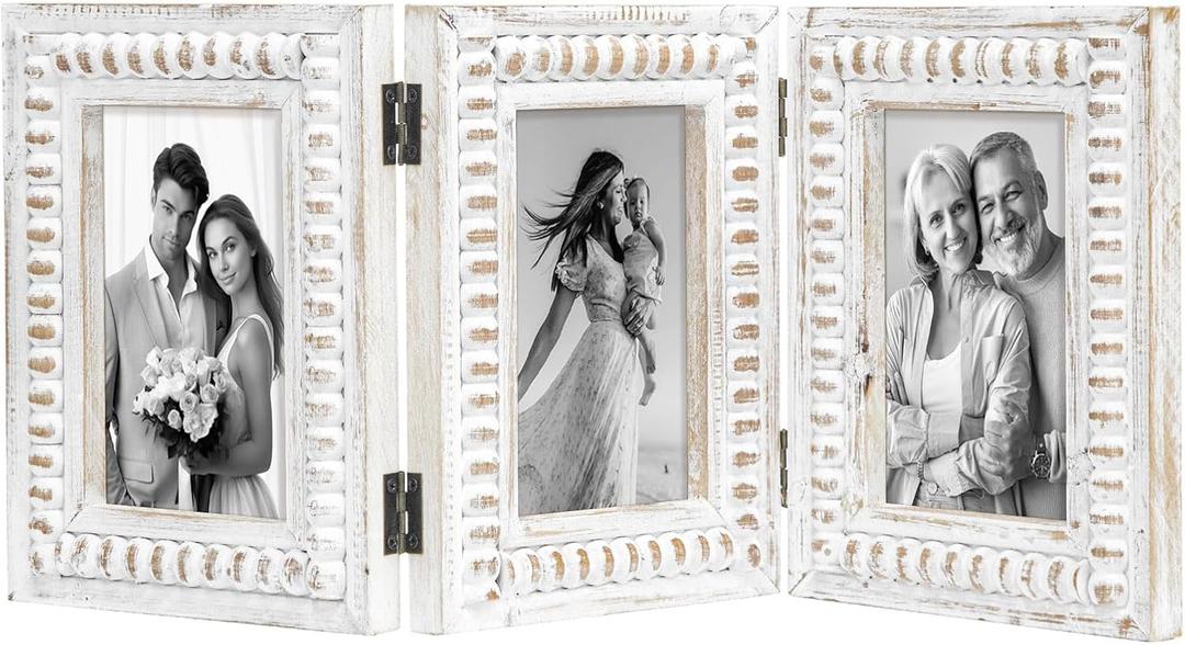MODE HOME Whitewashed Folding 3 Picture Frame 4x6, Wooden Triple 4 x 6 Picture Frame for Tabletop Display, Farmhouse Picture Frames with Hinged Design, Family Photo Frame 4x6, White