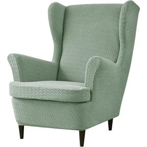 Wingback Chair Cover 2 Piece Stretch Jacquard Wing Chair Slipcovers Thick Wing Back Chair Covers Sofa Slipcover with Arms Wing Chair Slipcover Wing Back Chair Cover with Elastic Bottom (Green)