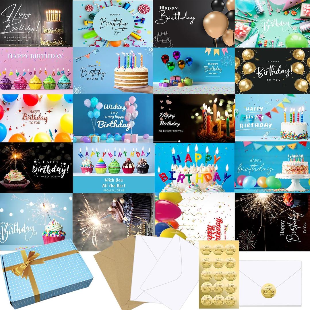 160 Birthday Cards Bulk with Short Generic Message Inside, Birthday Cards with Envelopes 4 x 6 inches, 20 Unique Designs, for Family, Group,Office, Business, Cards in Box