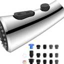 Hibbent Curved Pull Down Kitchen Faucet Head Replacement, 3-Function Kitchen Sink Spray Nozzle with 14 Adapters, Anti-Splash, Compatible with Kohler Bent Faucets, Chrome