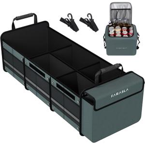 Farasla Waterproof Trunk Organizer with Insulated Leakproof Cooler Bag, Foldable Cover, Adjustable Securing Straps (4-in-1 w/Cooler, Gray)