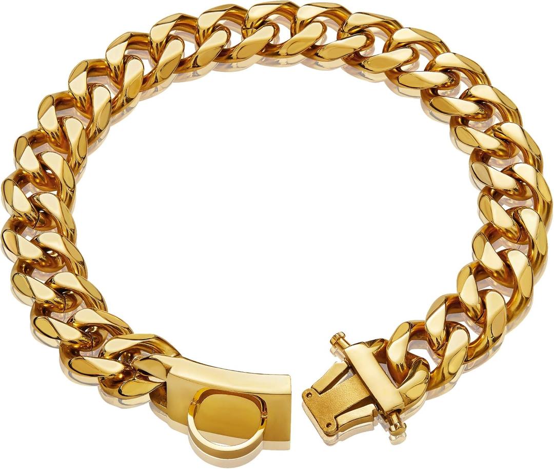 Gold Dog Chain Collar Walking Metal Chain Collar with Design Secure Buckle,18K Cuban Link Strong Heavy Duty Chew Proof for Medium Dogs(19MM, 14")
