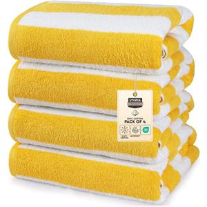  Pack of 4 Cabana Beach Towels, Oversized 30 x 60 Inches Cotton Beach Towel Set, Smooth Ring Spun Texture for Pool and Swim Days, Modern Striped Design Bath Towels, Yellow