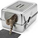 Ptlom Enclosed Stainless Steel Litter Box for Large Cats, Leak-Proof Metal Cat Toilet with Lid, Ventilated Top Opening Covered Cat Pan High Sided Walls, Scoop & Litter Mat, 27.7" x 19.8" x 13.1"