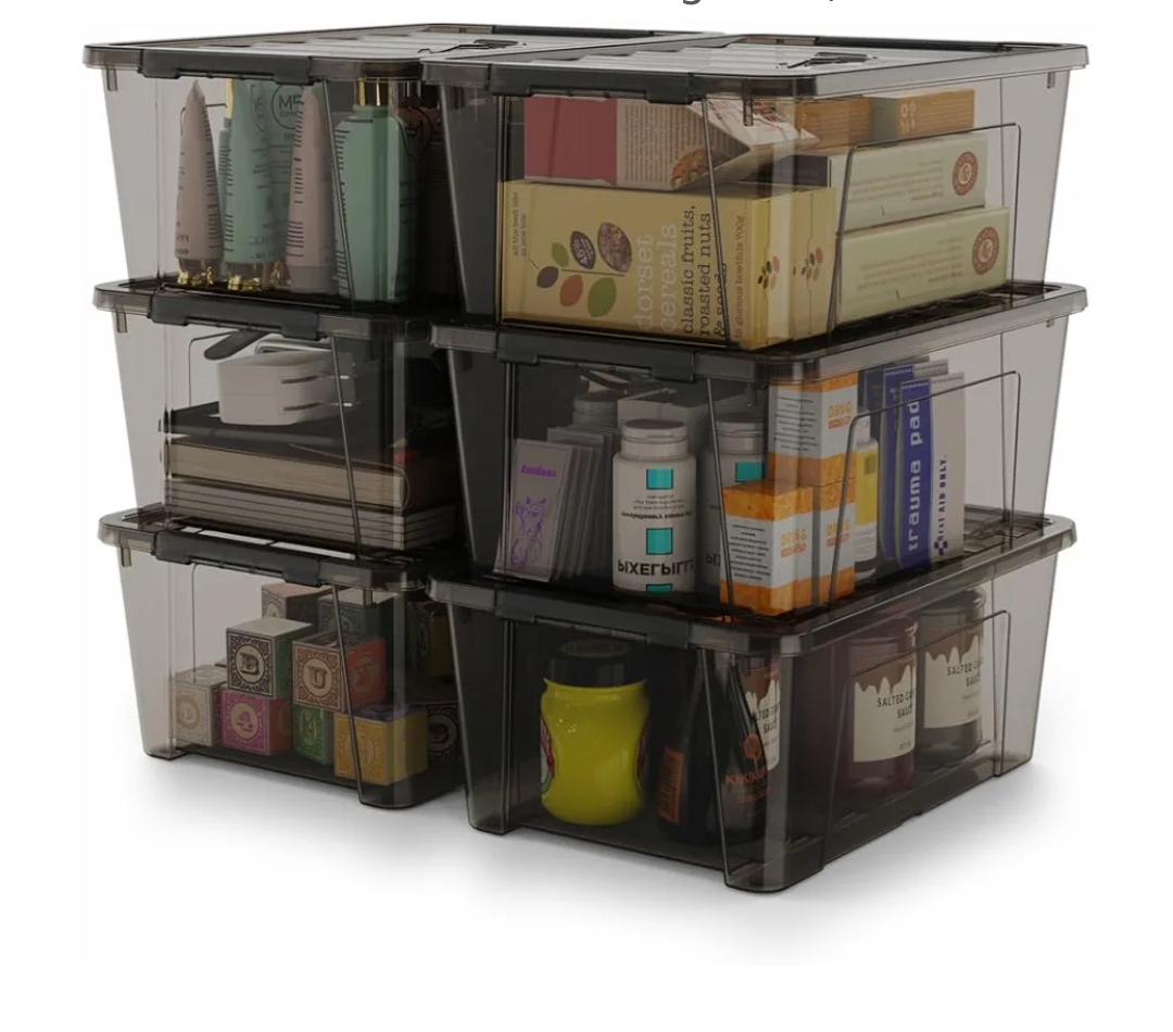 WYT 5-Quart Small Plastic Storage Container Bin with Secure Lids and Latch Buckles, Black Clear Durable Stackable Nestable Organizin, 6-Pack